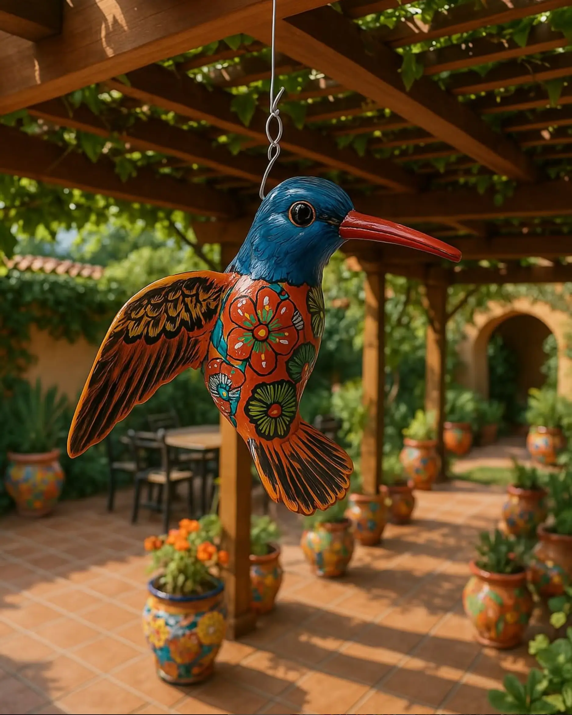 hand-painted ceramic hummingbird is a stunning piece of Mexican folk art, crafted with vibrant colors and intricate floral patterns